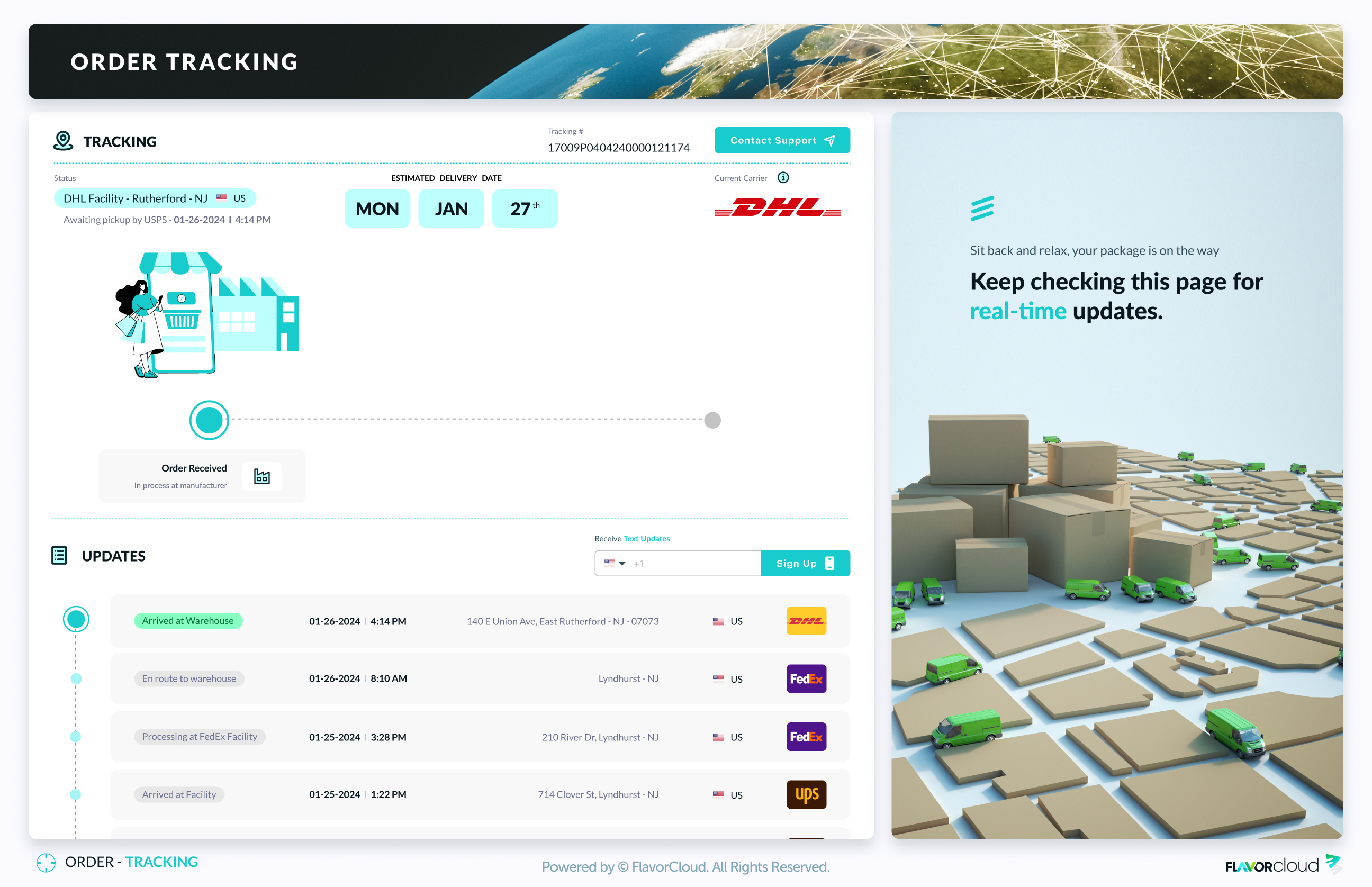 Redesigned unbranded FlavorCloud customer shipment tracking experience